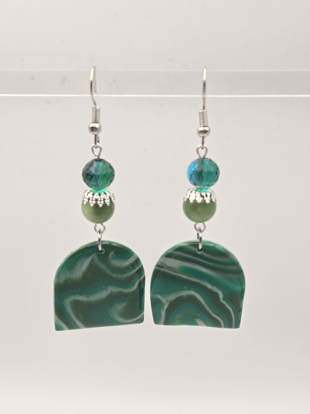 #B501- Green Marbled Drop Earrings with Faceted Bead Accents